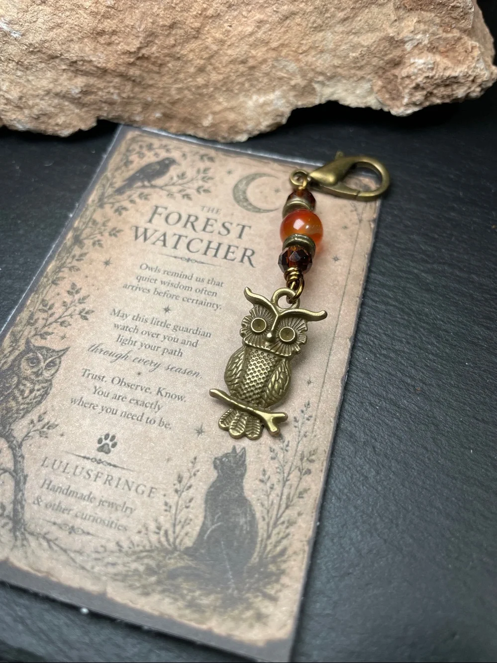 Forest Watcher™ Little Curiosity – Owl Keepsake Carnelian Charm Bag, Zipper Pull
